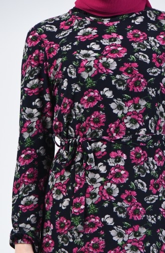 فستان موسمي منقوش بالأزهار كحلي وأرجواني 8855-01
