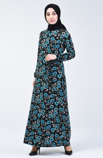 فستان موسمي منقوش بالأزهار أسود وأزرق 8855-02