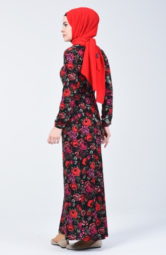 فستان منقوش بالأزهار مع حزام أسود وأحمر 8857-03