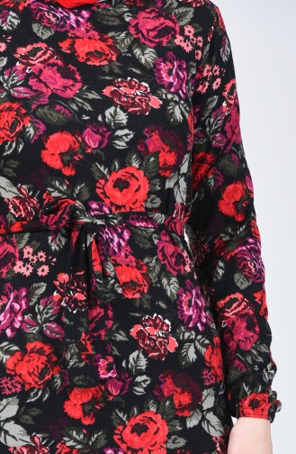 فستان منقوش بالأزهار مع حزام أسود وأحمر 8857-03