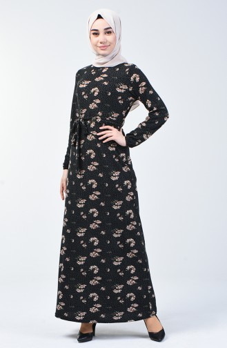 فستان موسمي منقوش بالأزهار أسود وبني مائل للرمادي 8858-01