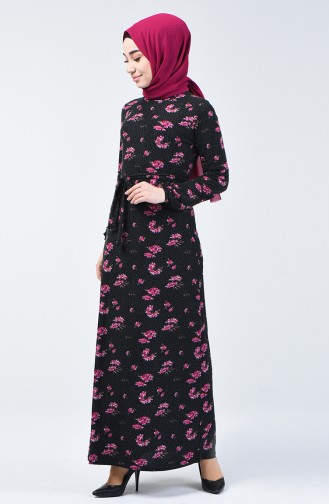 فستان موسمي منقوش بالأزهار أسود وأرجواني 8858-03