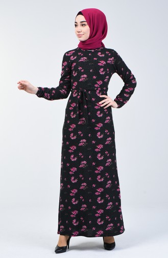 فستان موسمي منقوش بالأزهار أسود وأرجواني 8858-03
