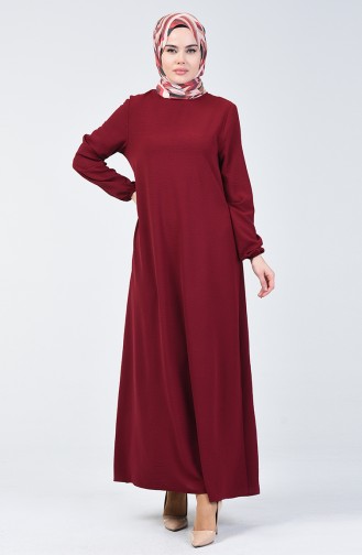 فستان بأكمام مطاط قماش آيروبين أحمر كلاريت 8090-02