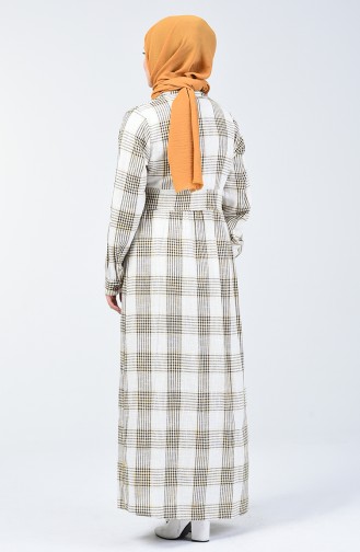Ekose Desen Düğmeli Keten Elbise 3000-03 Sarı
