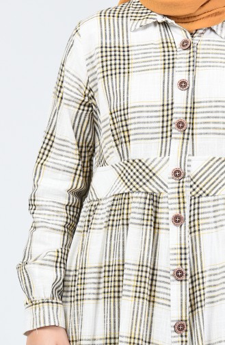 Ekose Desen Düğmeli Keten Elbise 3000-03 Sarı