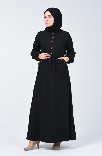 Cep Detaylı Kuşaklı Elbise 3001-06 Siyah 3001-06