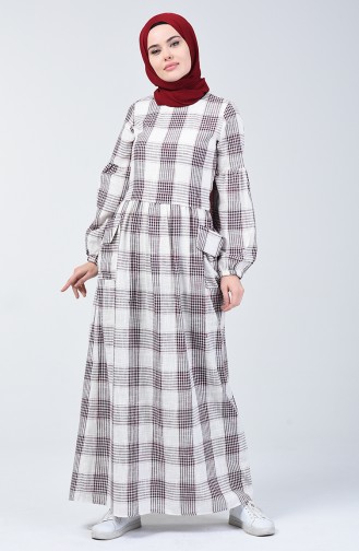 Robe en Lin à Motifs Carreaux 3007-01 Bordeaux 3007-01