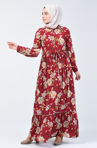 فستان منقوش بالأزهار أحمر كلاريت 6013-01