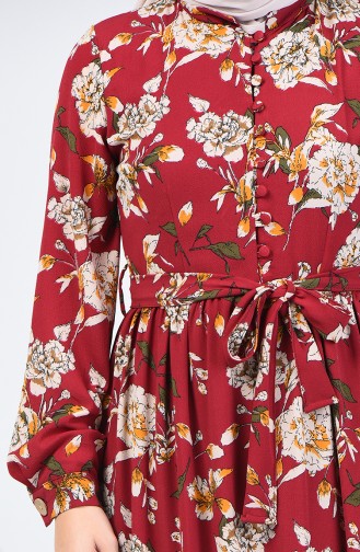 Blumen Gemusterte Kleid 6013-01 Weinrot 6013-01