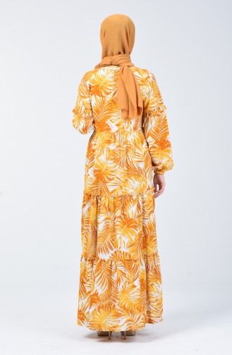Palmiye Desenli Elbise 6030-01 Hardal