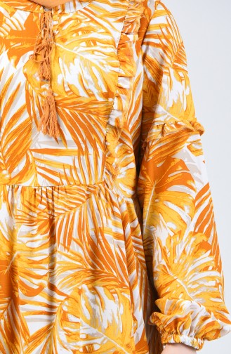 Palmiye Desenli Elbise 6030-01 Hardal