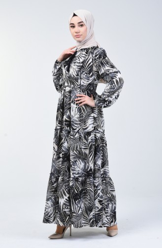 Palmiye Desenli Elbise 6030-02 Lacivert