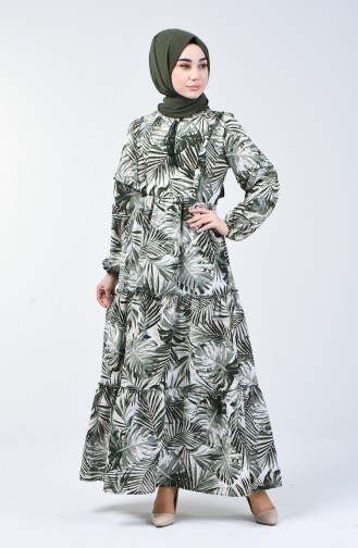 Palmiye Desenli Elbise 6030-03 Haki