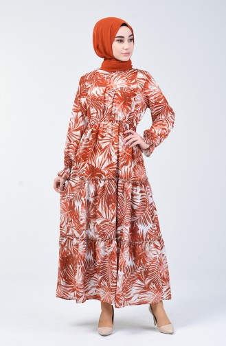 Palmiye Desenli Elbise 6033-01 Kiremit 6033-01