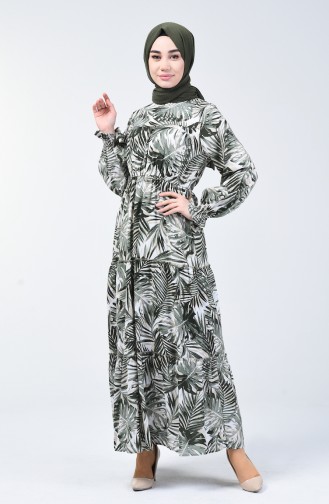 Palmiye Desenli Elbise 6033-03 Haki