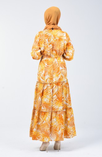 Palmiye Desenli Elbise 6033-04 Hardal