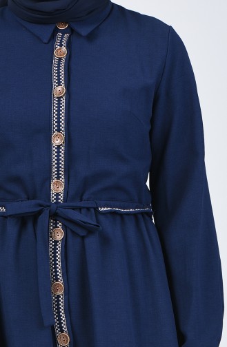 Boydan Düğmeli Nakışlı Elbise 6044-01 Lacivert