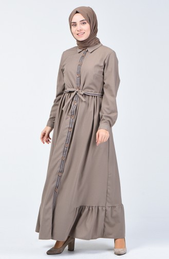Boydan Düğmeli Nakışlı Elbise 6044-02 Vizon