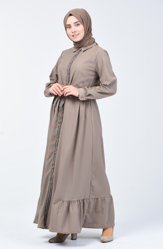 Boydan Düğmeli Nakışlı Elbise 6044-02 Vizon