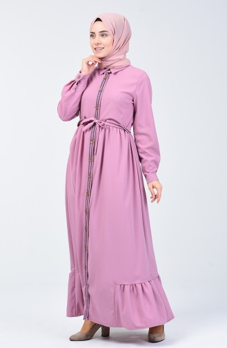 Boydan Düğmeli Nakışlı Elbise 6044-03 Gül Kurusu