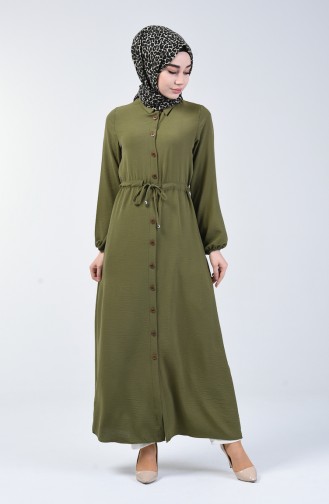 فستان طويل بأزرار قماش آيروبين كاكي أخضر فاتح 5388-03