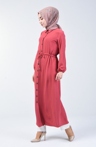 فستان طويل بأزرار قماش آيروبين وردي 5388-02