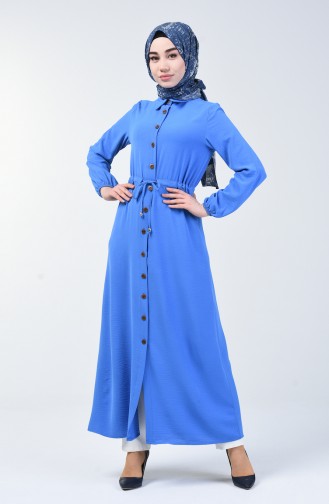 فستان طويل بأزرار قماش آيروبين أزرق 5388-07