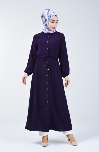 فستان طويل بأزرار قماش آيروبين لون باذنجاني 5388-05