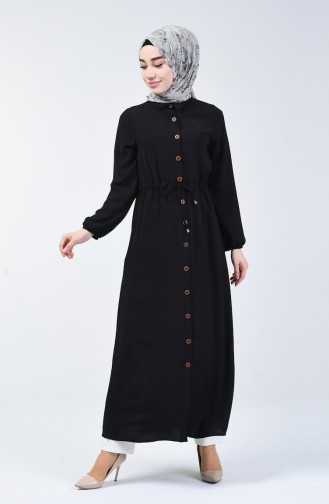 فستان طويل بأزرار قماش آيروبين أسود 5388-01