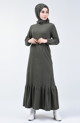 Selanik Kumaş Kemerli Elbise 1034-04 Haki