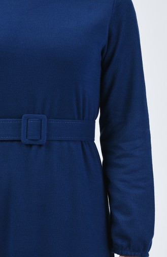 Selanik Kumaş Kemerli Elbise 1034-05 İndigo