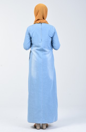 Nakışlı Kot Elbise 3658-01 Buz Mavisi