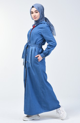 Kapüşonlu Kot Elbise 6022-02 Kot Mavi