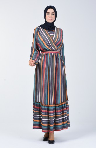 Çizgili Tensel Elbise 6042-01 Lacivert Hardal