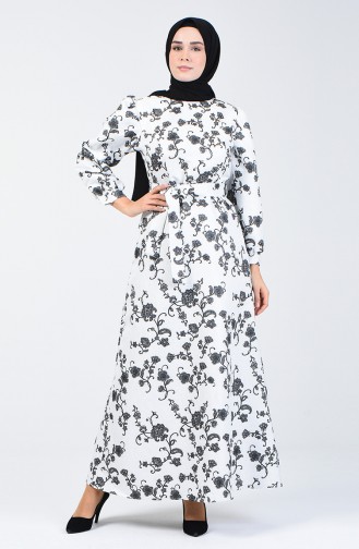 Kuşaklı Simli Elbise 60093-01 Beyaz