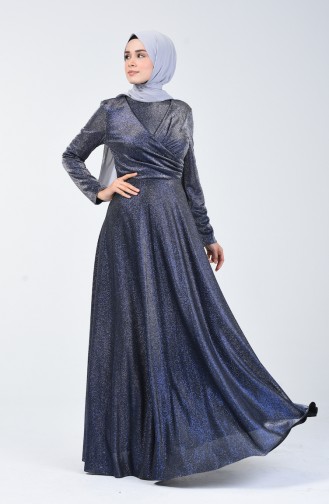Silvery Evening Dress 1011-01 Navy Blue 1011-01