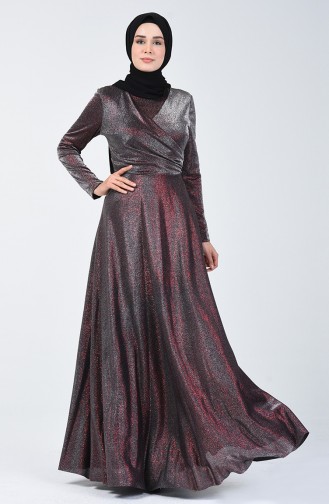 فستان سهرة بلمعة فضية أحمر كلاريت 1011-03