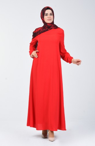 فستان بأكمام مطاط قماش آيروبين أحمر 0061-11