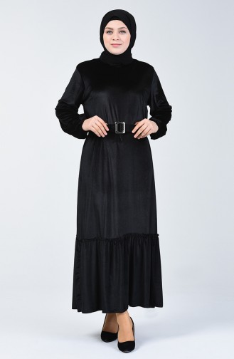 Büyük Beden Kemerli Kadife Elbise 5557A-01 Siyah
