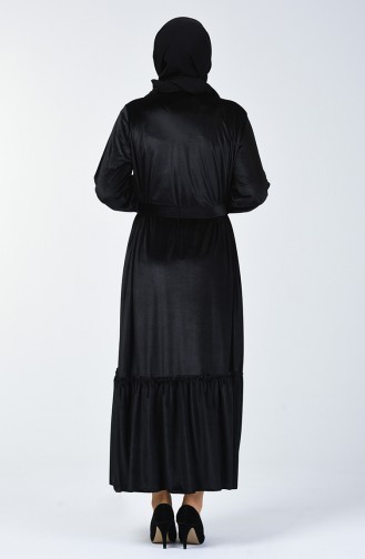 Büyük Beden Kemerli Kadife Elbise 5557A-01 Siyah