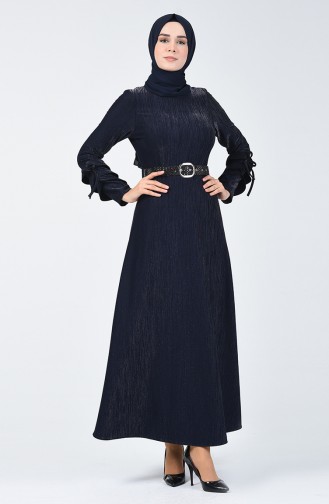 Sleeve Detailed Belt Dress 5118-02 Navy Blue 5118-02