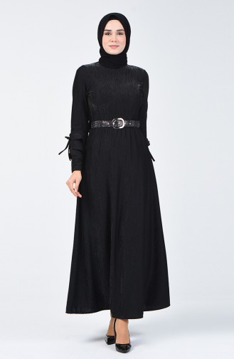 Kol Detaylı Kemerli Elbise 5118-04 Siyah