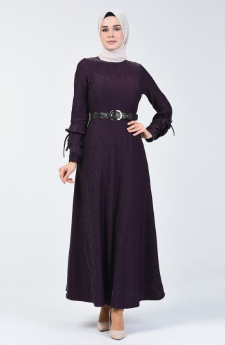 Sleeve Detailed Belt Dress 5118-05 Purple 5118-05
