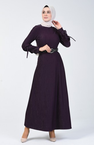 Sleeve Detailed Belt Dress 5118-05 Purple 5118-05