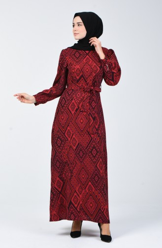 Etnik Desenli Elbise 60089-01 Kırmızı