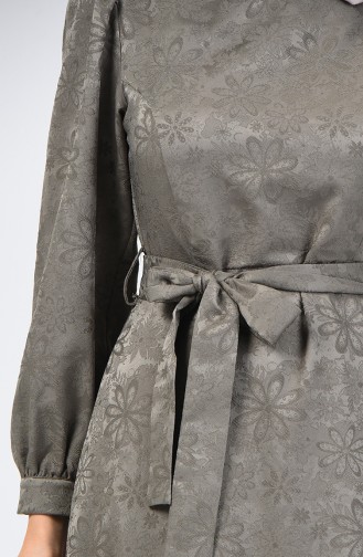 Kabartma Desen Kuşaklı Elbise 60094-01 Haki