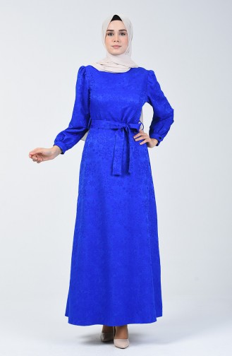 Robe Ceinturée à Motifs  60094-02 Bleu Roi 60094-02