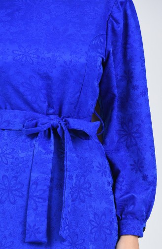 Kabartma Desen Kuşaklı Elbise 60094-02 Saks