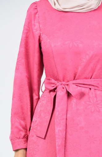 Kabartma Desen Kuşaklı Elbise 60094-04 Pembe